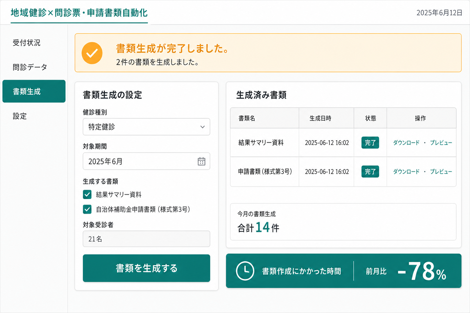 書類自動生成・完了画面 (健診種別を選択して「生成」を実行すると、結果サマリー資料と自治体補助金申請書類が自動で作成されます。確認ボタンを押すだけで書類が完成する瞬間です。)