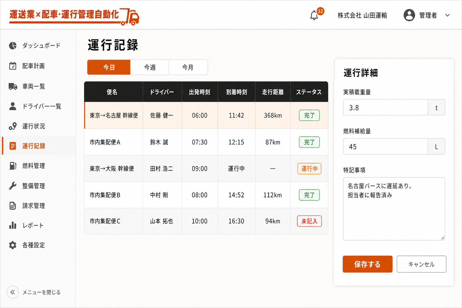 運行記録・日報入力画面 (ドライバーがスマートフォンから実績を入力すると、運行記録が自動で積み上がり、月末の集計に使われます。)