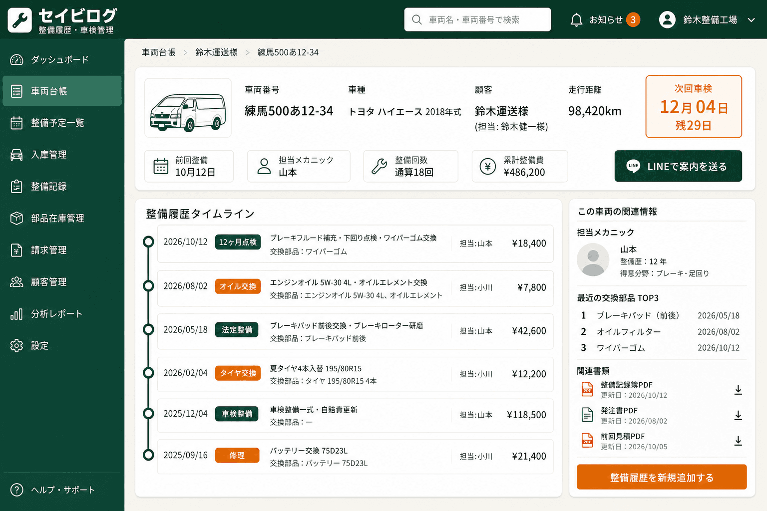 整備履歴タイムライン (1台の車両に対する過去の整備履歴を時系列で確認できる詳細画面)