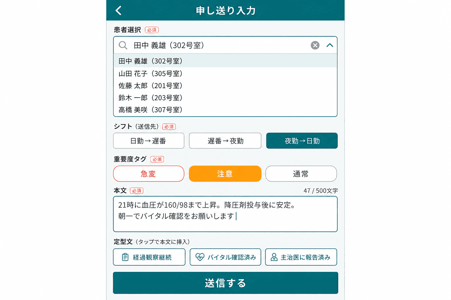 スマホ対応の入力フォーム（スマホから30秒で申し送りを入力できるフォーム画面。患者選択・タグ選択・本文入力のシンプルな3ステップ構成。）