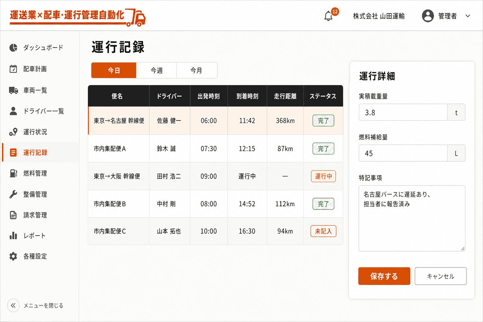 運行記録・日報入力画面 (ドライバーがスマートフォンから実績を入力すると、運行記録が自動で積み上がり、月末の集計に使われます。)