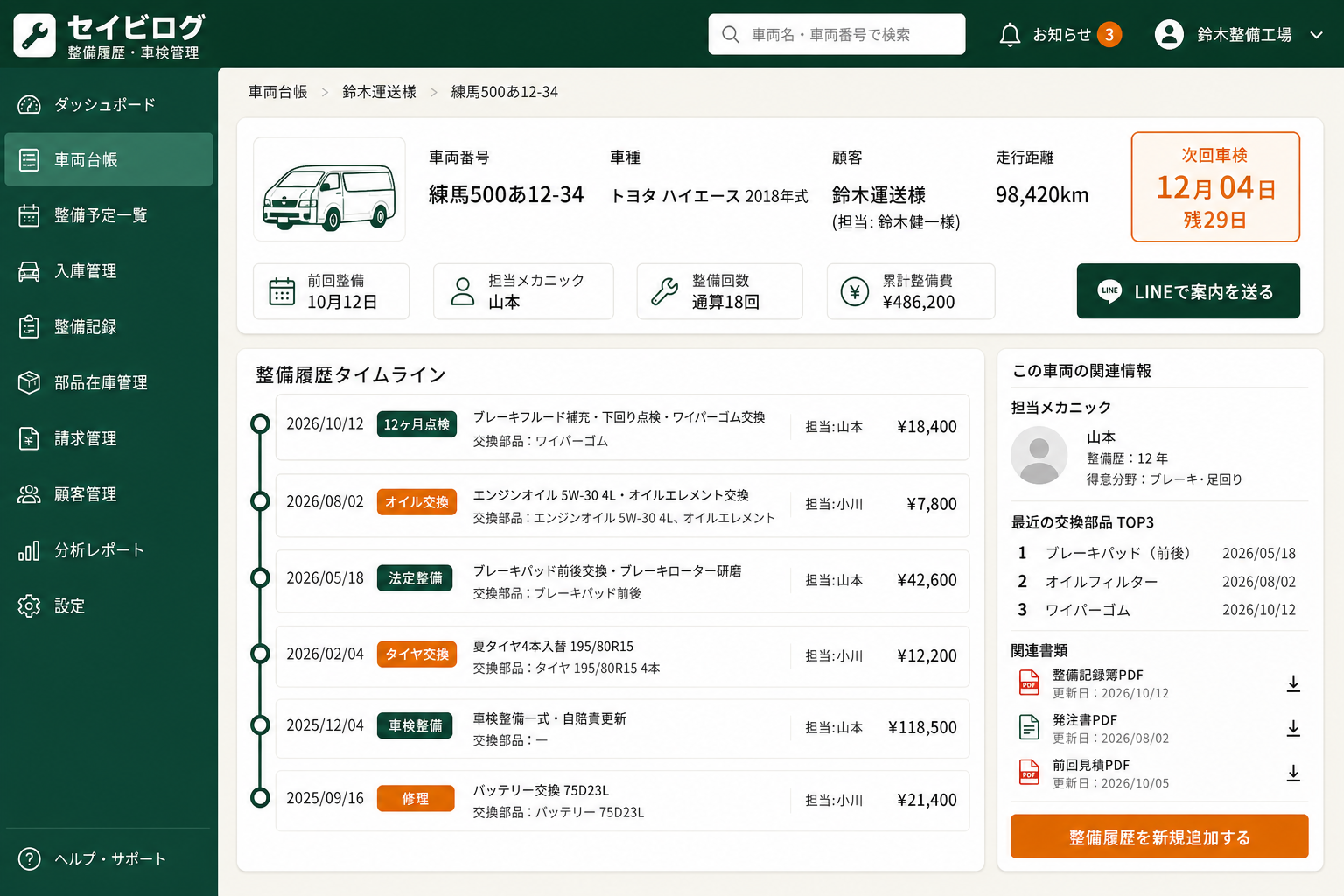 整備履歴タイムライン (1台の車両に対する過去の整備履歴を時系列で確認できる詳細画面)
